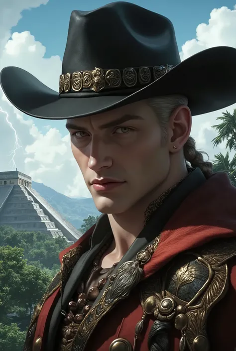 (masterpiece, best quality, ultra-detailed, best shadow), (detailed background, cowboy shot, sky, lightning bolt, maya civilization, mayan pyramid, forest, jungle, looking at viewer, serious, angry), (detailed face, masculine features, strong jawline), (be...