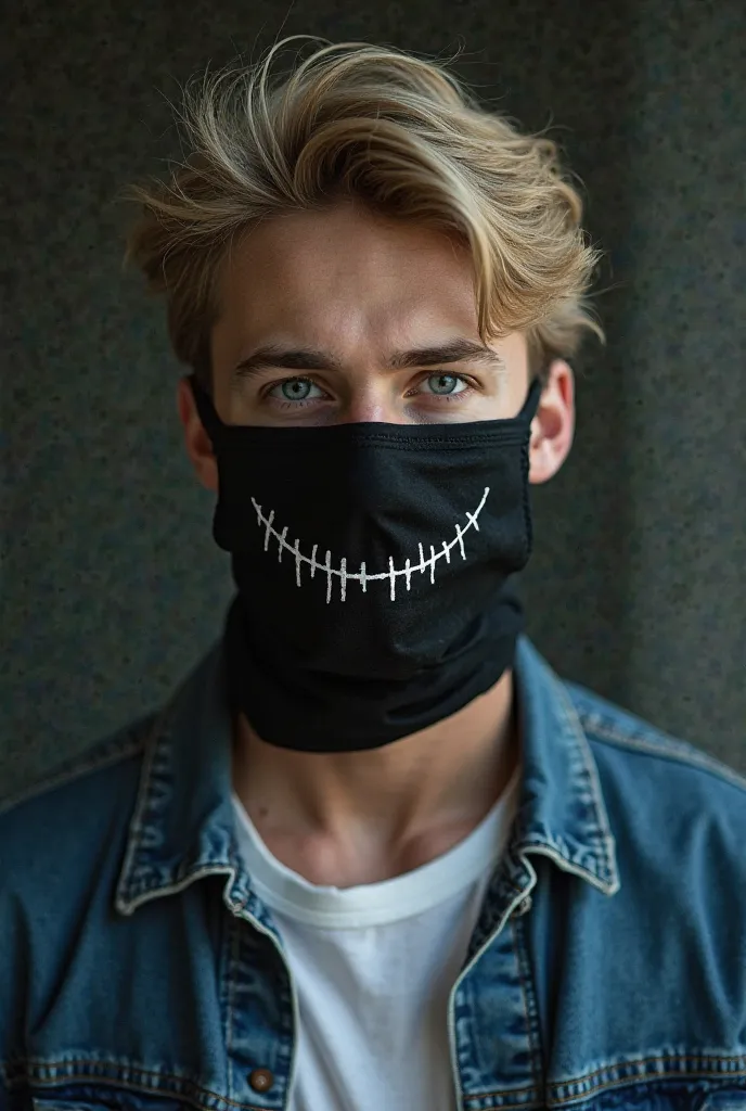 white man, Young, with medium blonde hair, blue eyes, with a black mask on his mouth that has a disturbing smile drawn on the mask, in a denim jacket, and white shirt