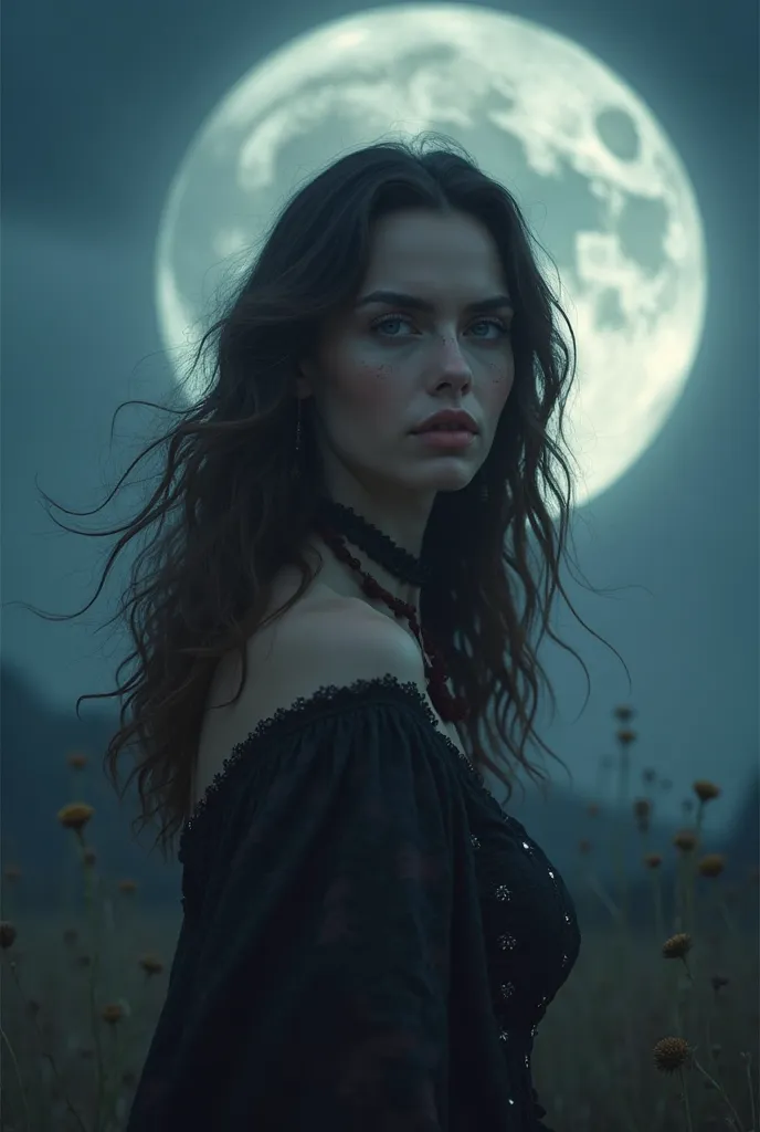  Beautiful woman standing in a moonlit landscape, (best quality,4K,8k,highres,Khaf makeup is a great painting:1.2), very detailed,(really,photoreally,photo-really:1.37),  Detailed facial features  ,piercing eyes, full lips ,long eyelashes, Flowing hair ,El...