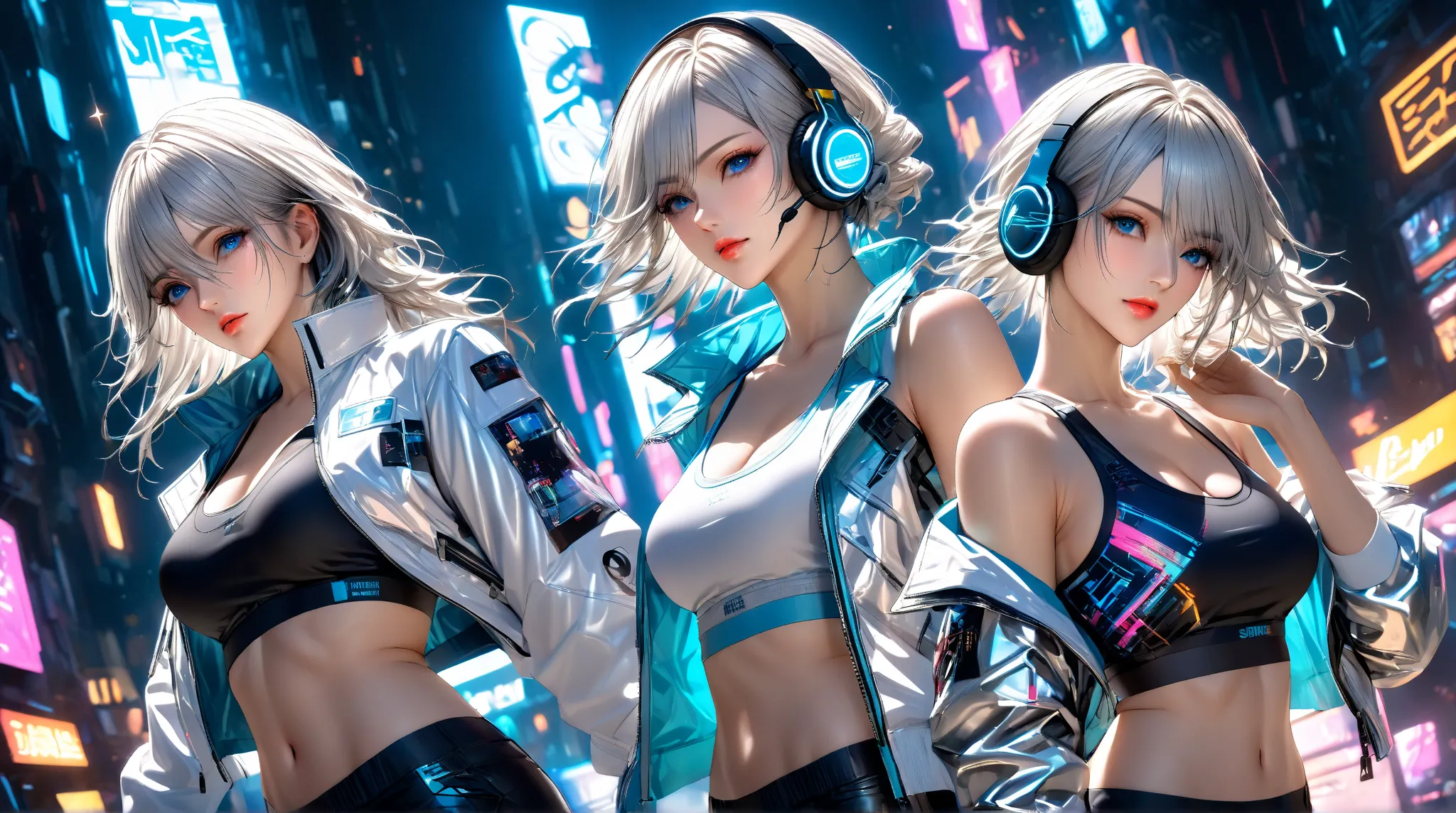 super realism、.Cyberpunk、
(Medium length silver hair.blue eyes.)
(White Leather Studio Tech Jacket Over a Sports Bra、 Cyberpunk design 、  no .、 Bare Skin That Will Break 、Standing shorts)Chest for Men、(  for LINE stickers  )Shineサイバーネックレス、Shineサイバーパーツ
壮大, ...