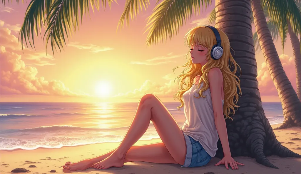 นี่คือ prompt ที่ปรับตามที่ต้องการ:

Prompt:
"An anime-style young woman with long, wavy blonde hair wearing large, silver over-ear headphones, sitting under a tall coconut tree on a sandy beach. She leans against the tree with her eyes closed, enjoying th...