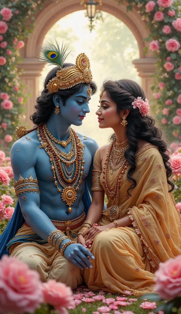 highly detailed, ultra-realistic digital painting of Lord Krishna and Radha sitting together in a lush, flower-filled garden. Krishna, with radiant blue skin, wears an intricately embroidered blue outfit with golden embellishments and jewelry. A peacock fe...