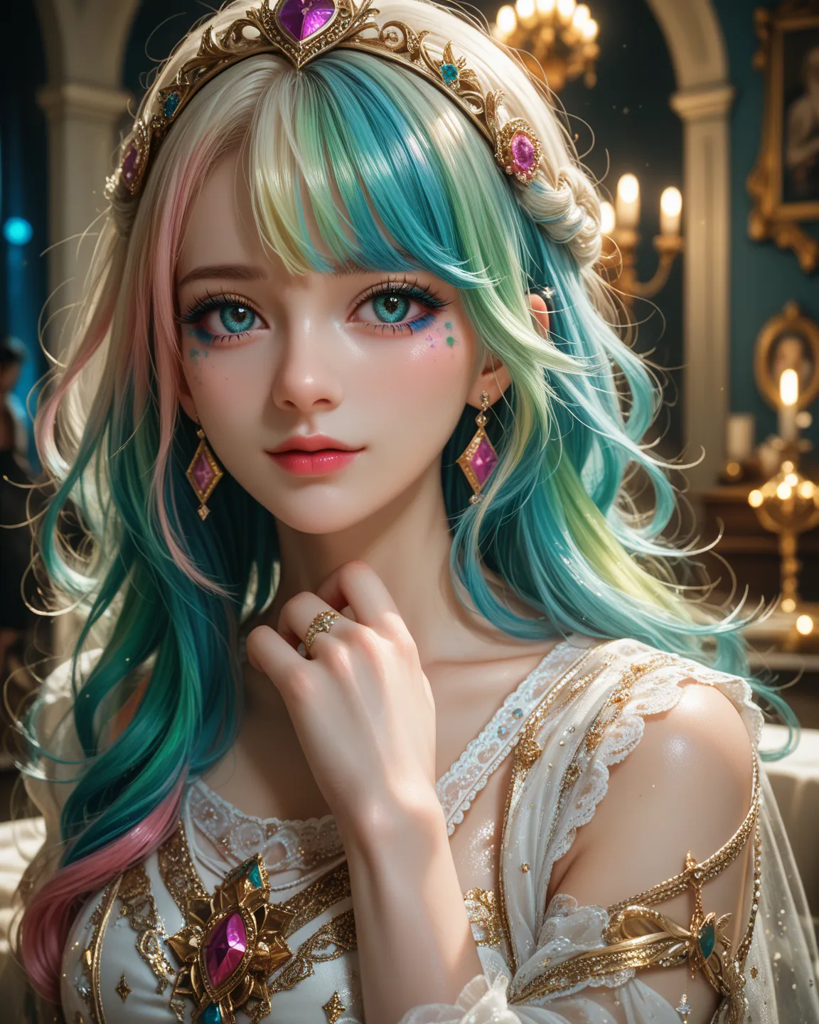 score_9, score_8_up, score_7_up, masterpiece, best quality ,8k, ultra highres, celestial woman, eyes as beautiful as jewels, pastel aurora-colored hair, wavy long hair, short straight bangs, sparkling glitter makeup, beautiful and gorgeous makeup, fantasy ...