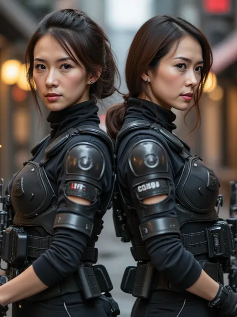 Two female warriors standing back-to-back, both dressed in rugged mercenary combat gear. The first warrior has a strong yet elegant presence, with sharp facial features, short black hair, and a focused gaze reminiscent of a disciplined martial artist. She ...