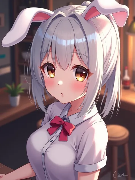 ((masterpiece)), ((best quality)), (ultra-detailed), ((kawaii)), cute, (lovely), anime style, full body, look down from above, bar, night, a pretty woman, solo, bunny girl, beautiful silver hair, beautiful brown eyes, ((beautiful eyes)), ponytail, lip, tra...