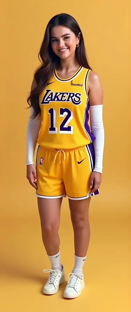 selena gomez full body smiling from front with straight hair wearing yellow lakers jersey number 12 with white tight arm sleeves on beige background