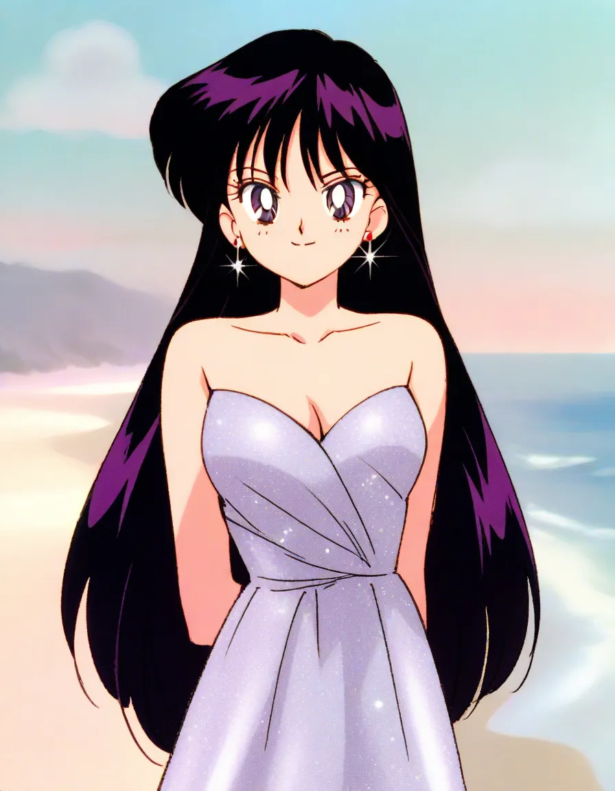 masterpiece,best quality,amazing quality, sailormarshinorei, 1girl, solo, black hair, long hair, bangs, cleavage, purple eyes,looking at viewer, seductive smile, closed mouth, collarbone, Elegant silver dress with glitter, girl having fun in the sea, beach...