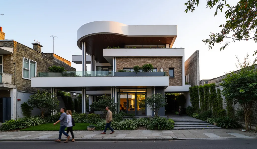 A  modern house on a London street, designed by SANAA, blending their signature minimalist and fluid aesthetic with the sculptural form of The Scoop Office Building by Corstorphine & Wright. The structure is built with smooth concrete and parametric brick ...