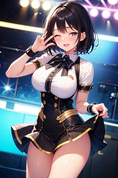 best quality, ultra detailed, 1 girl, 18 years old, idol, large breasts, dynamic pose, one eye closed, blush, black hair, short hair, mini skirt,