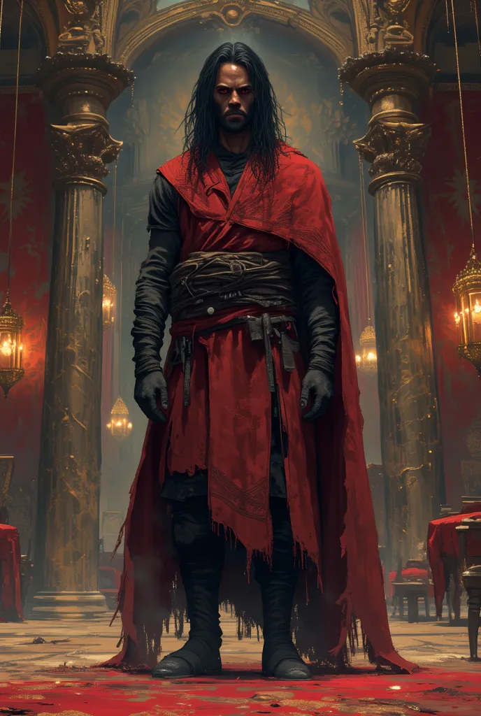 dark-skinned man, long black hair, dressed in a red medieval long-sleeved tabard, black leather gloves, torn cape, with voluminous black hair on his shoulders,Red eyes ,black leather pants, bored, inside a luxurious Castle.