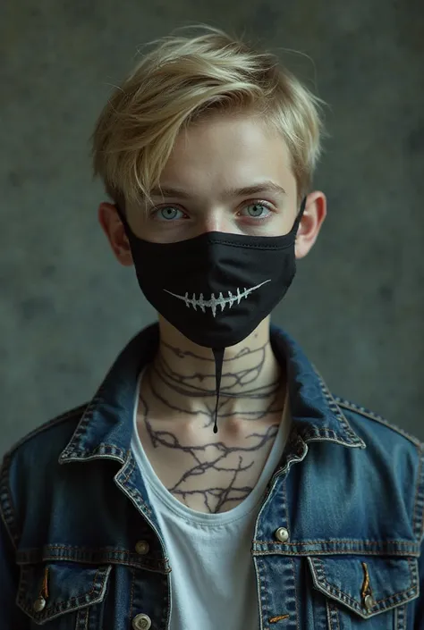 white man, Young,  with blond hair, blue eyes, with a small black cloth mask on her mouth that has a disturbing smile drawn on the mask, in a denim jacket, and white shirt, with body wraps