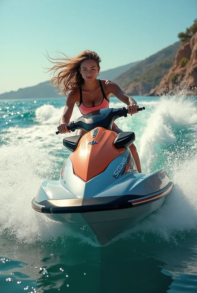 Create a photo of her on top of the jetski 