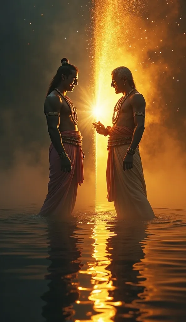 A split-image composition: On the left side, a person stands in darkness, their reflection in the water showing Duryodhana with an arrogant smirk. On the right side, the same person is bathed in golden light, their reflection showing Yudhishthira (Dharmara...