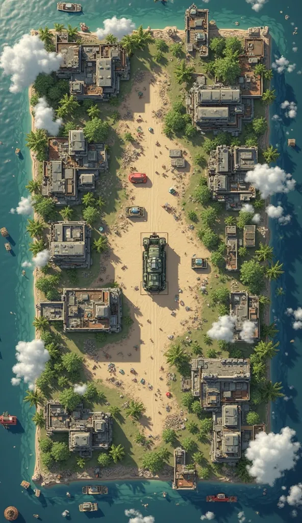 Design a satellite tactical map for the helicopter pilot in the post-apocalyptic survival game that combines realistic ruins details with the style of the cartoon Q version，Must include tactical tags、exaggerate terrain navigation and fun interactive elemen...