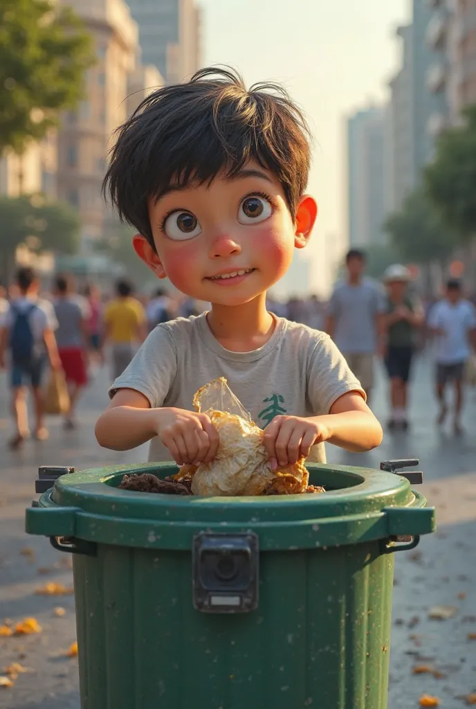 Photo of a boy throwing garbage in a bin 