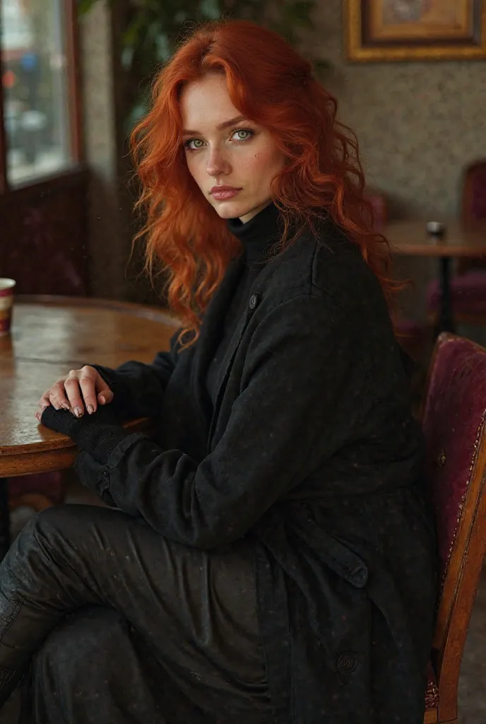 red haired, green-eyed woman , Black Coat, Black sweater , Dressed in a long skirt, Wearing Heeled Boots, Background Coffee House, Let's Die Realistic sitting in a chair with his hand on the table gerçekçi 