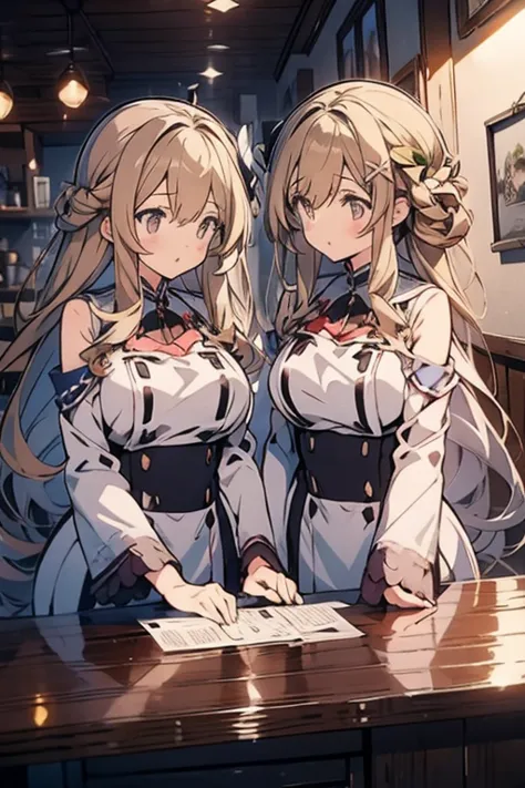 kongou (kancolle), kashima (kancolle), looking away,2girls, multiple girls, The two of them were so excited in front of the pudding. ,Coffee shop, pudding, coffee, placemat, desk, sitting side by side, spoon,, score_9, score_8_up, score_7_up, source_anime,...