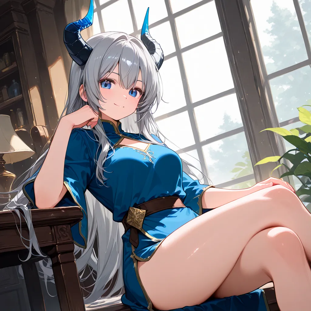 draw Rosadere's Arya　Gray Hair　long hair　Blue Eyes　 is sitting　Legs crossed　 lori　I'm putting my elbow on the elbow rest　Smooth thighs　 Dragon　Downward glance　Dragon Horn