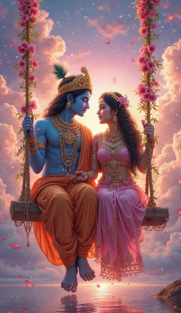 breathtaking, ultra-realistic digital painting of Lord Krishna and Radha sitting together on a beautifully adorned swing, suspended in a celestial sky filled with glowing clouds, vibrant hues of pink, purple, and gold, and twinkling stars. Krishna, with hi...