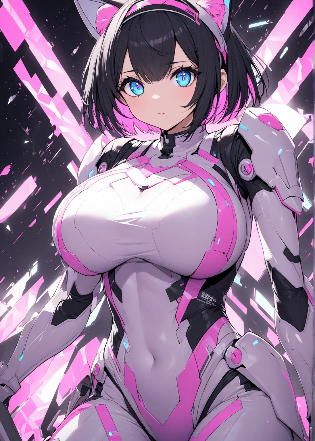  black hair　short hair　light pink futuristic suit　big breasts　blue eyes　solo　Previous　Pink Inner Color　 sharp eyes　cat ear headband　