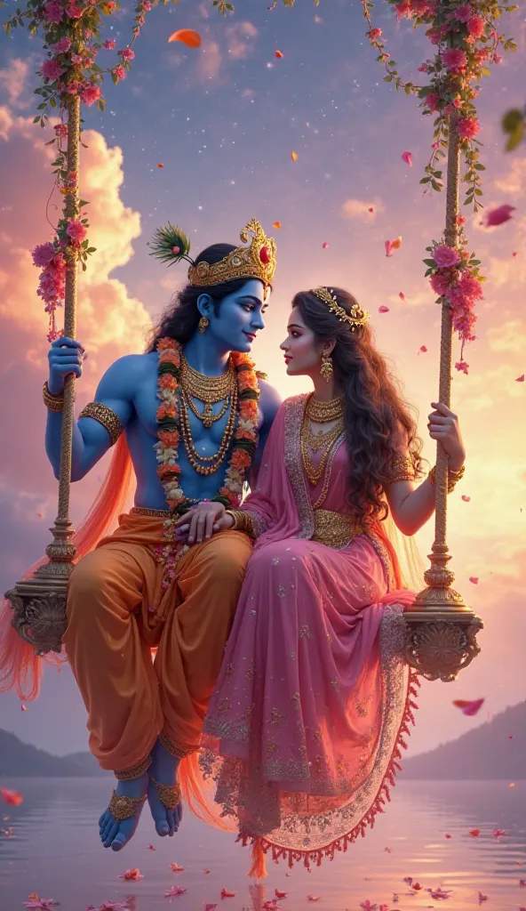 breathtaking, ultra-realistic digital painting of Lord Krishna and Radha sitting together on a beautifully adorned swing, suspended in a celestial sky filled with glowing clouds, vibrant hues of pink, purple, and gold, and twinkling stars. Krishna, with hi...