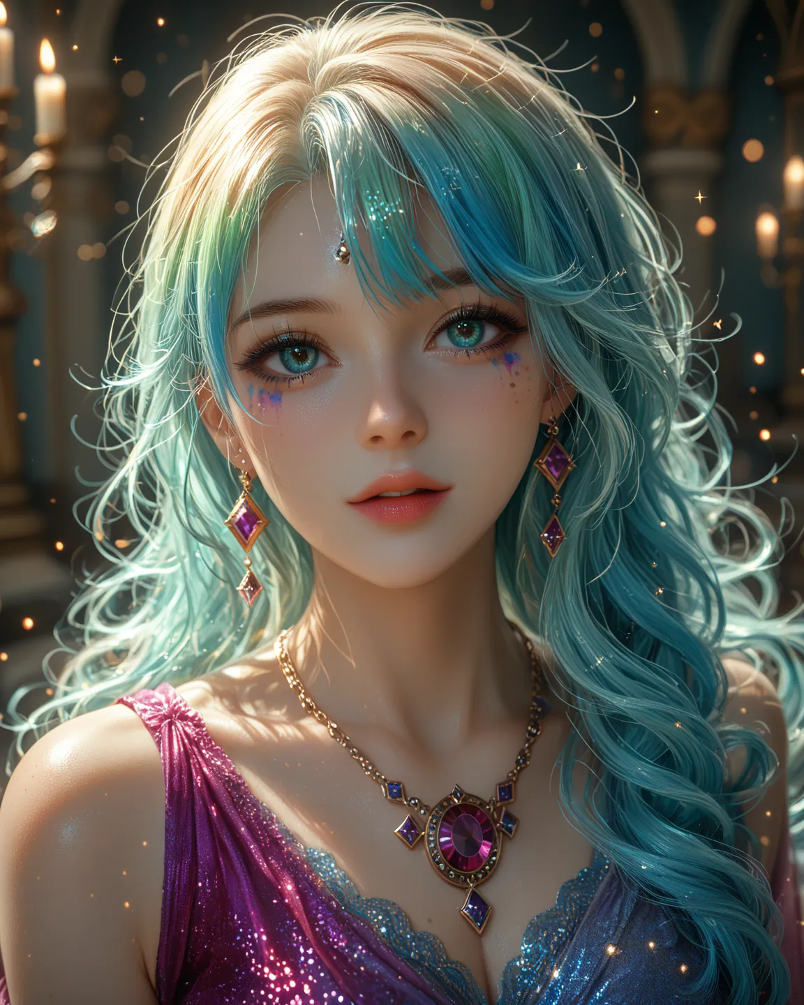 score_9, score_8_up, score_7_up, masterpiece, best quality ,8k, ultra highres, celestial woman, eyes as beautiful as jewels, pastel aurora-colored hair, wavy long hair, short straight bangs, sparkling glitter makeup, beautiful and gorgeous makeup, fantasy ...