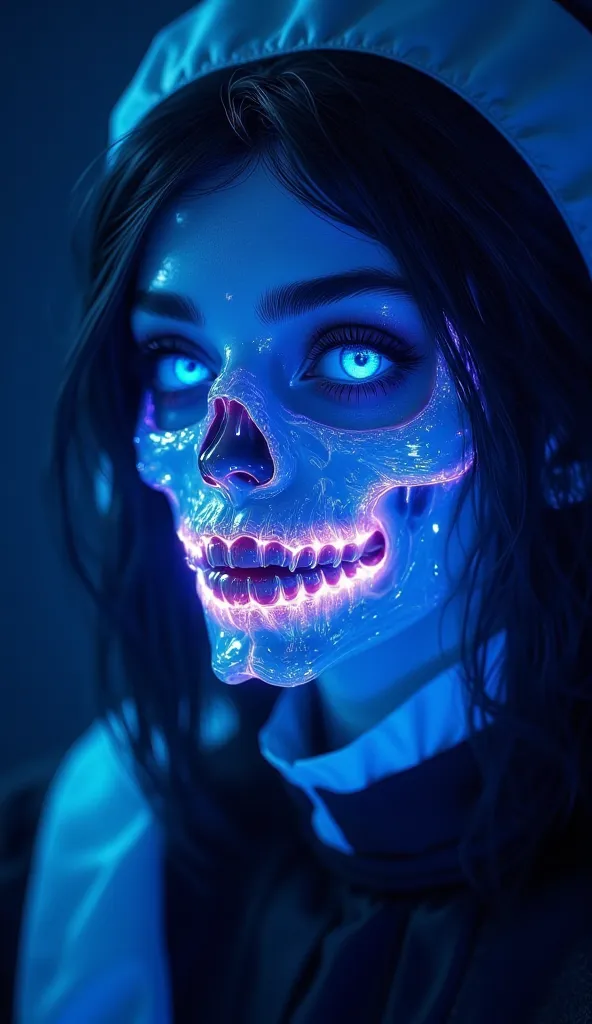 A highly stylized, high-resolution photograph featuring a person dressed as a nun with a futuristic gothic twist. Their face is concealed by an intricate skull mask made entirely of minute water jelly, glowing with vibrant hues of electric blue, neon green...