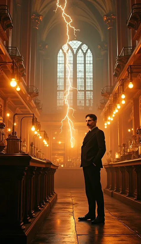 A cinematic hyper-detailed digital painting of Nikola Tesla in a neo-gothic style giant laboratory, filled with glowing Edison bulbs, copper coils and complex electrical appliances. Tesla, wearing a classic three-piece suit, standing confidently next to a ...