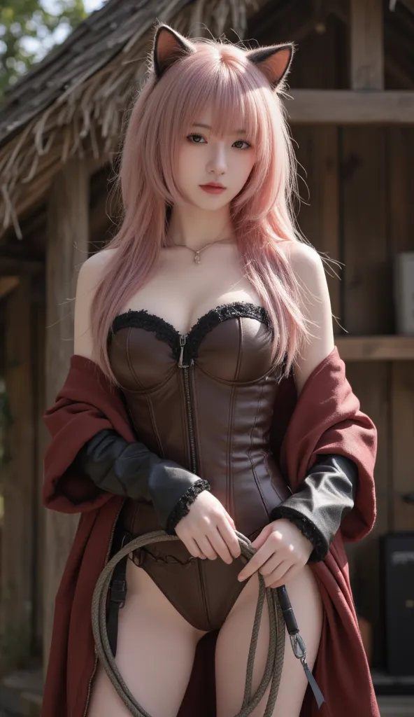 woman,  slim, pink hair, Leather Faltencoat,  straight long hair , small breasts,  zopf , cat ears, masterpiece , anatomically correct , UHD, super detailed, Head overknees, long leather arm warmers , leader Corset , View creator, hut, Standing hut      , ...