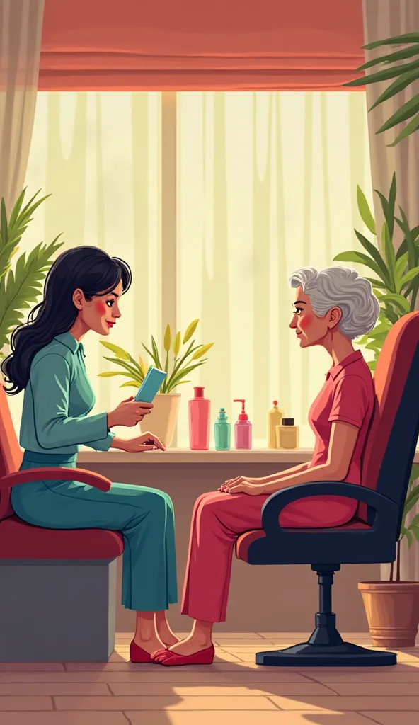 Illustrate a scene inside a nail salon: A Vietnamese nail technician is giving a pedicure to an older American customer. The technician is chatting and joking in Vietnamese with a coworker while working, unaware that the customer is listening. The customer...