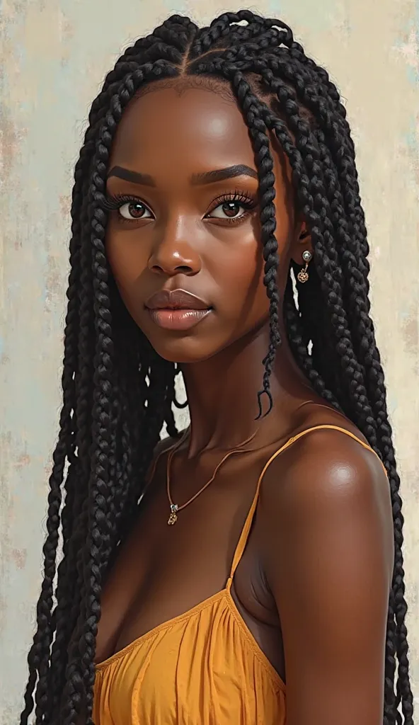  23-year-old female , artwork, full body foot skirt, brown eyes,  arched eyebrows , dark skin,  eye pencil,  big eyelashes, Hair with lots of African braids, short shoulder-length hair,  thin face.