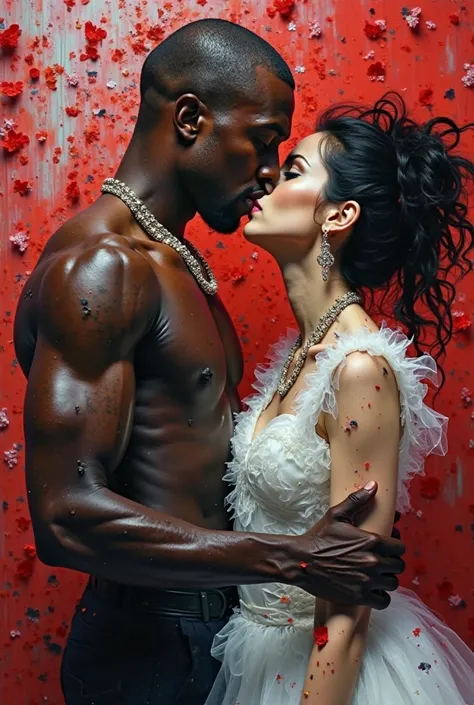 Create a cover for an album as best you can be inspired by the cover of Kanye West's album " My Beautiful Dark Twisted Fantasy " , who is a dark-skinned man having sex with a white but all pixelated one, take inspiration from that cover I told you