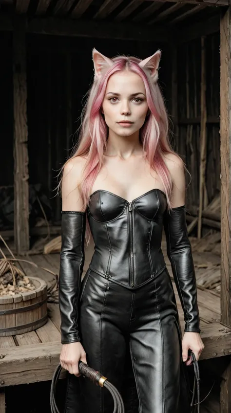 woman,  slim, pink hair, Leather Faltencoat,  straight long hair , small breasts,  zopf , cat ears, masterpiece , anatomically correct , UHD, super detailed, Head overknees, long leather arm warmers , leader Corset , View creator, hut, Standing hut      , ...