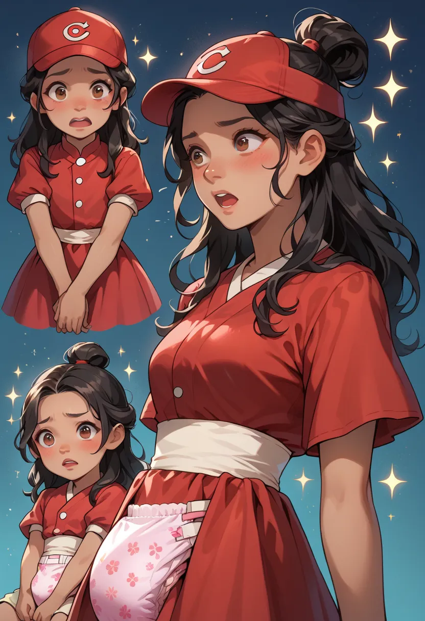 female, toddler ,solo ,black hair, latina, long hair, red baseball cap with a "M", cute red  dress, brown eyes, embarrassed , confused, Open mouth, confused, blushed , black hair, magic sparkles, multiple sparkles, sparkles, after transformation, gender Be...