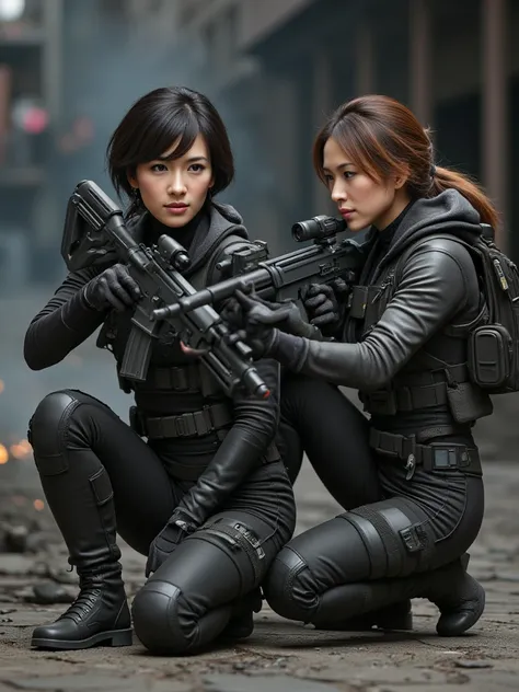 Two female warriors in mercenary combat gear, each holding a futuristic rifle in a ready-to-fire position. One warrior has a strong yet elegant presence, with short black hair, sharp facial features, and a focused gaze. The other warrior has a refined and ...