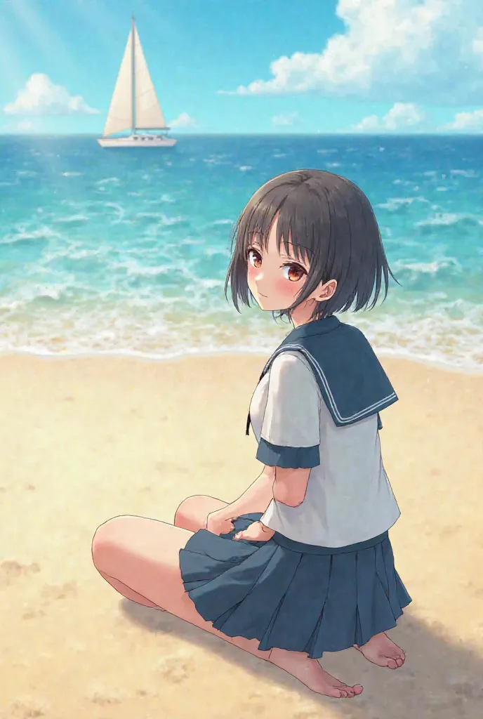 A high school girl is sitting on a sandy beach wearing a uniform