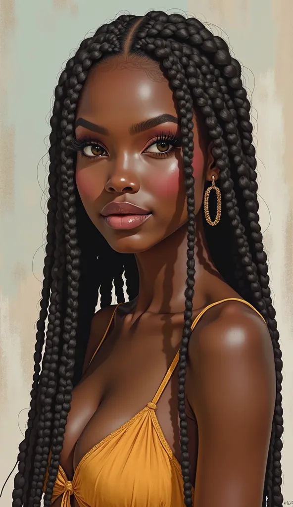  23-year-old female , artwork, full body foot skirt, brown eyes,  arched eyebrows , dark skin,  eye pencil,  big eyelashes, Hair with lots of African braids, short shoulder-length hair,  thin face. in bikini