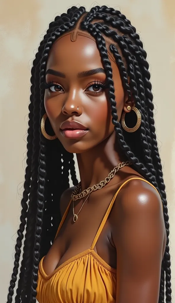 23 years old woman, photo realistic, full body, brown eyes, arched eyebrows, dark skin, eyeliner, big eyelashes, hair with many African braids, short hair to the shoulders, face