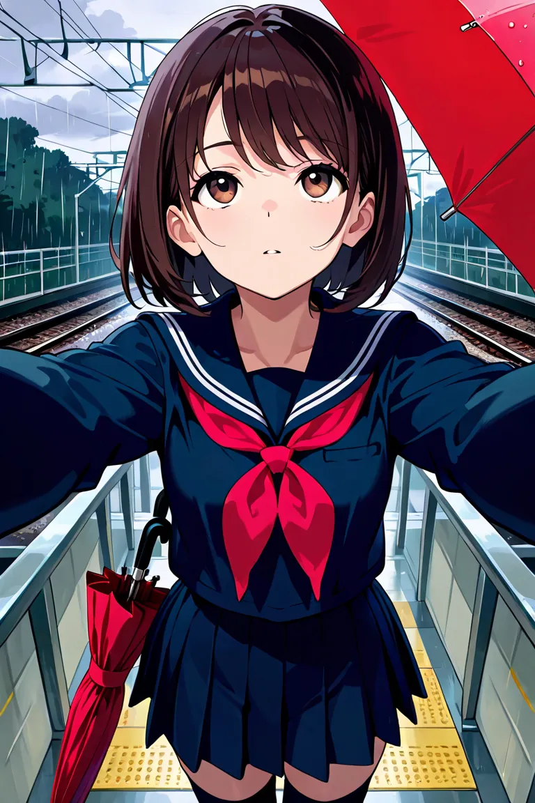 (masterpiece, top quality, highly detailed, 4K, incredibly absurdres), rain,  Cloudy, train station platform, 軒から落ちるrain粒, cowboy shot, looking up, straight-on, (1 girl, pretty girl, high school girl,  dark brown hair, bob hair, brown eyes, Clear Eyes,  un...