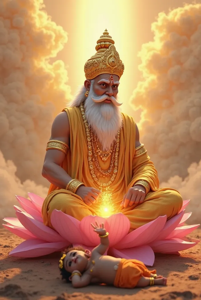 A highly realistic 3D depiction of Brahma Dev in Pixar style. Brahma Dev is seated on a large pink lotus, wearing golden robes and a golden crown with intricate patterns. He has four calm and serene heads, each facing a different direction, and a long whit...