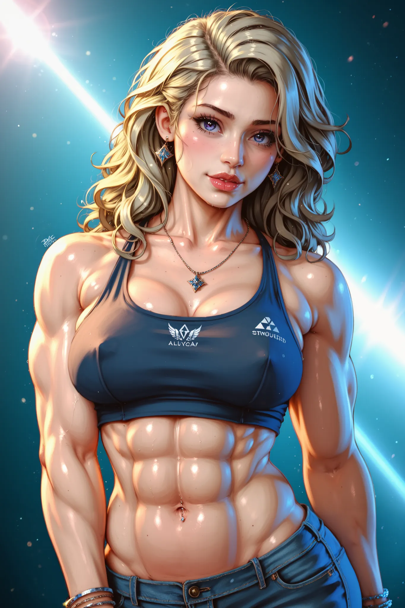 younger muscular sister who is stronger than her older weak brother, age, showing biceps to him, detailed realistic portrait, 4K, HDR, ultra-fine details, photorealistic, sharp focus, physically-based rendering, vivid colors, dramatic lighting, environment...