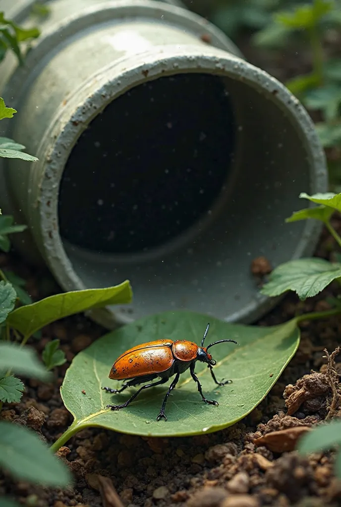 An insect in nature, about to be sucked into a grey PVC pipe.That PVC pipe is above the insect.
