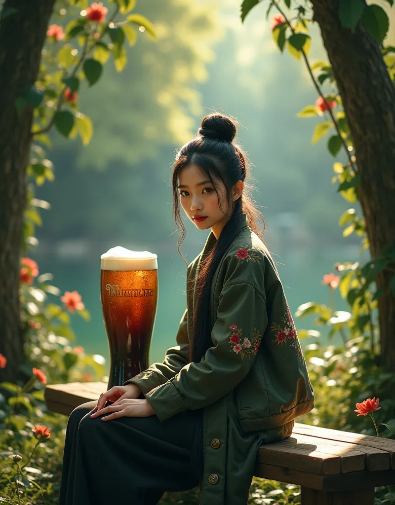 (photorealism:1.2), a beauty girl, long bun black hair, looking at camera, wearing a feathers jacket and long skirt clothes, he was sit down in bench and next him a giant clear glass guiness beer drink put on bench, funny, silly, colorful  leaves flowers, ...