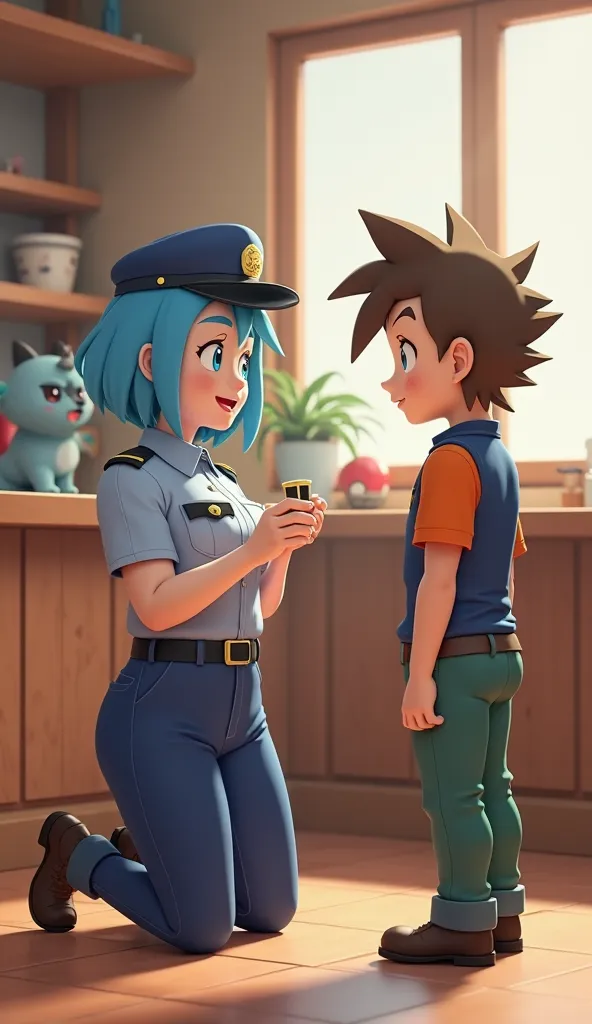 Create a highly detailed, ultra-realistic 3D render of Officer Jenny, a woman with short blue hair, a police cap, and her iconic uniform, but with a fat body. She should be kneeling on one knee, holding out a small ring box with a hopeful and slightly nerv...