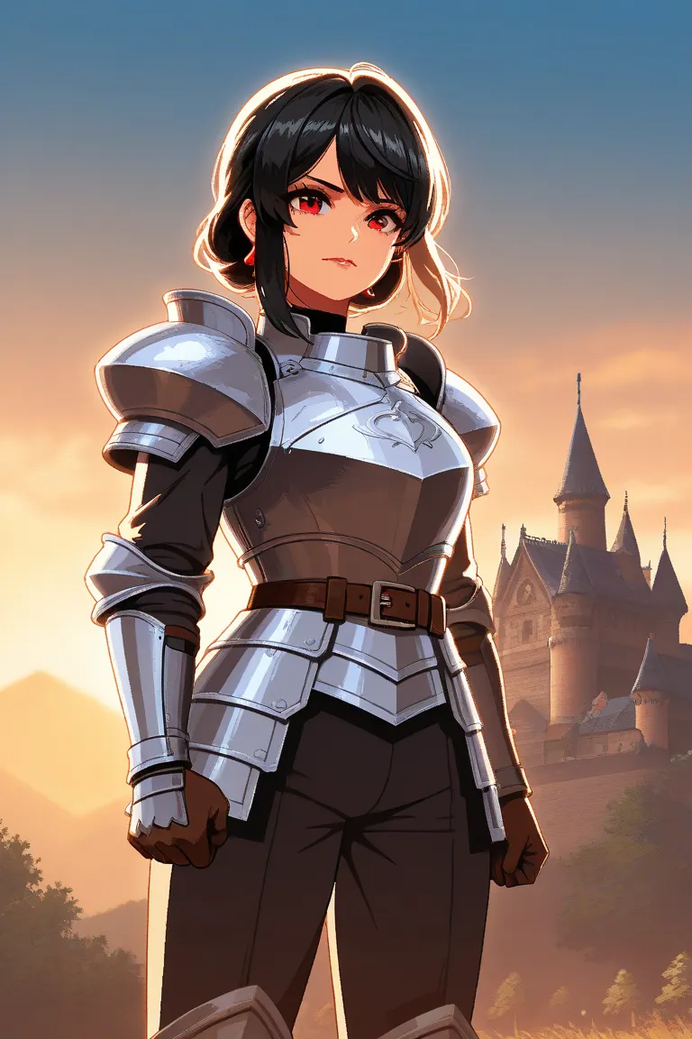 She is a mature girl with long, rough black hair and red eyes, in the style of Japanese anime. As a warrior, she has an expression and pose that emphasizes dependability and strength. She is built like an athlete and wears metal armor of seductive design. ...