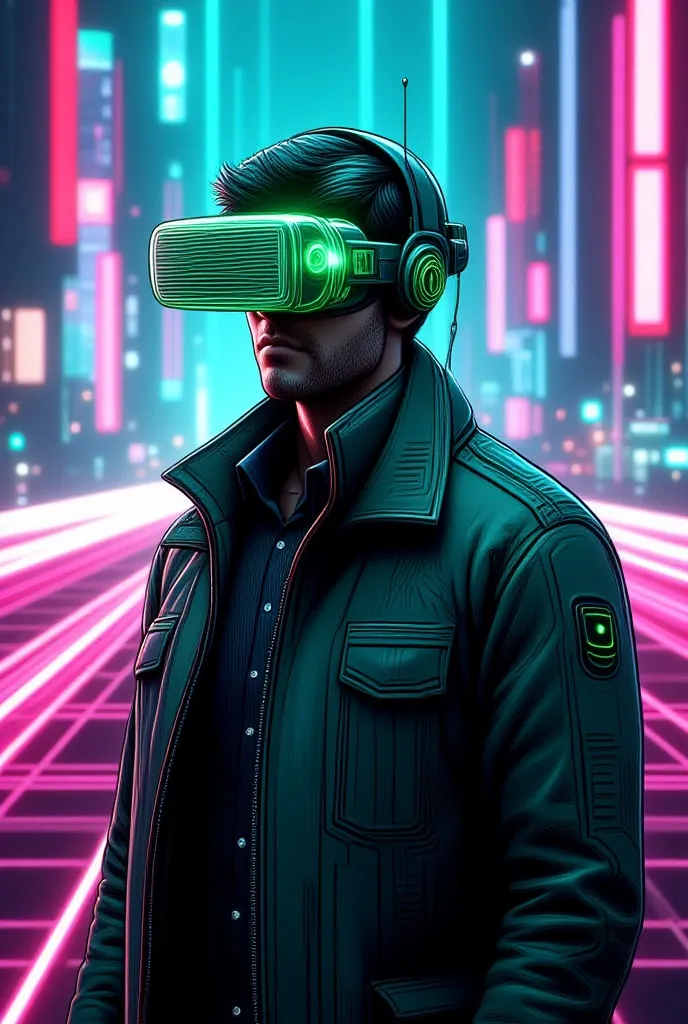 detective wearing VR goggles in glowing green hat
