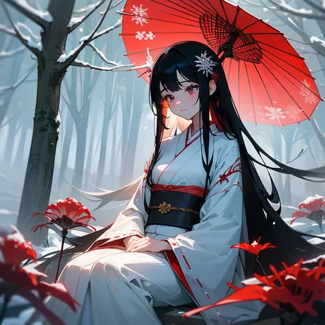 “A beautiful young woman in a traditional Japanese kimono with intricate floral patterns, sitting gracefully in a snowy forest. She has long, flowing black hair adorned with delicate hairpins and flowers. A large red ribbon is tied at her back. Snowflakes ...