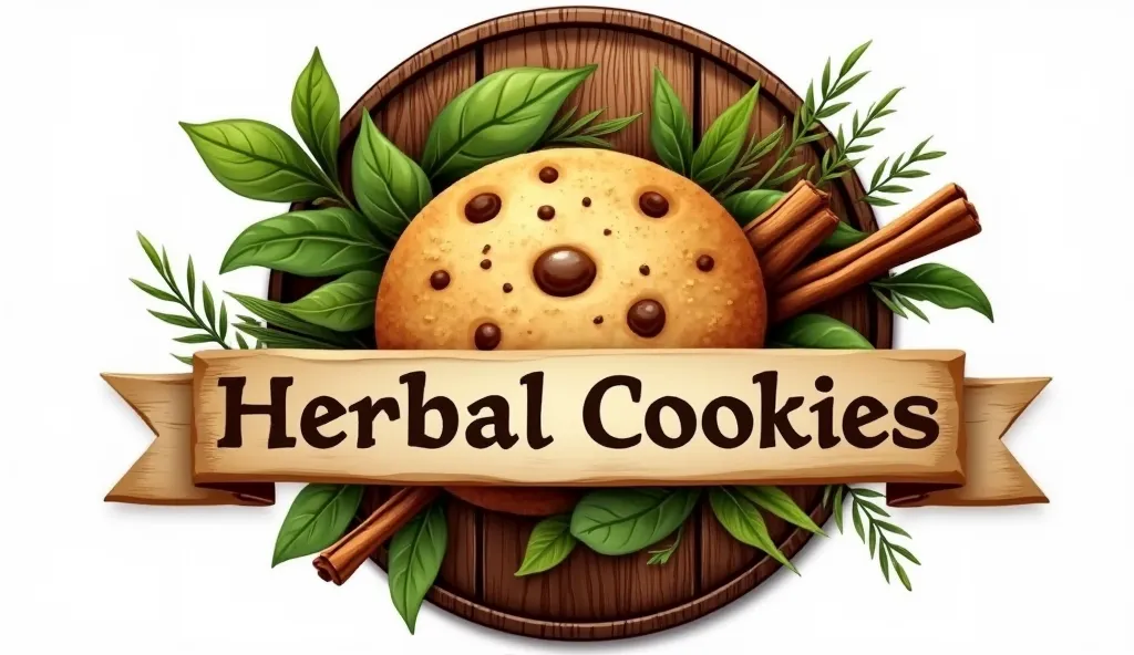 
A classic vintage-style badge logo with “Embiti Herbal Cookies” in a bold, rustic font. The design features a wooden background texture with herbal leaves (like basil and cinnamon) intertwined around a golden cookie. The colors are deep brown, green, and ...