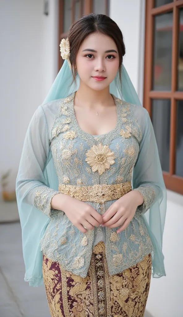 Full shot of a woman in a traditional Malay dress, likely for a wedding or formal occasion. 


The woman is light-skinned with a pleasant expression, and she is wearing a light grayish/teal-colored dress with elaborate gold embroidery and embellishments. T...