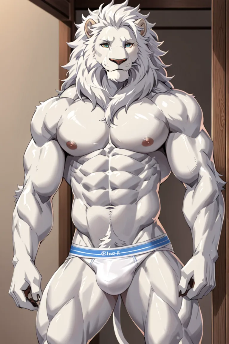 Anime White Lion Muscular Build Slim Wear a White Underwear